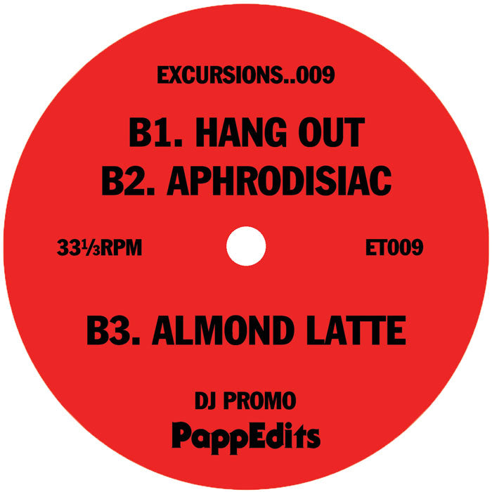 Lado B del vinilo PappEdits – Excursions..009 12" Promo Excursions, label roja con Hang Out, Aphrodisiac y Almond Latte, 33⅓ RPM y ET009 visible.