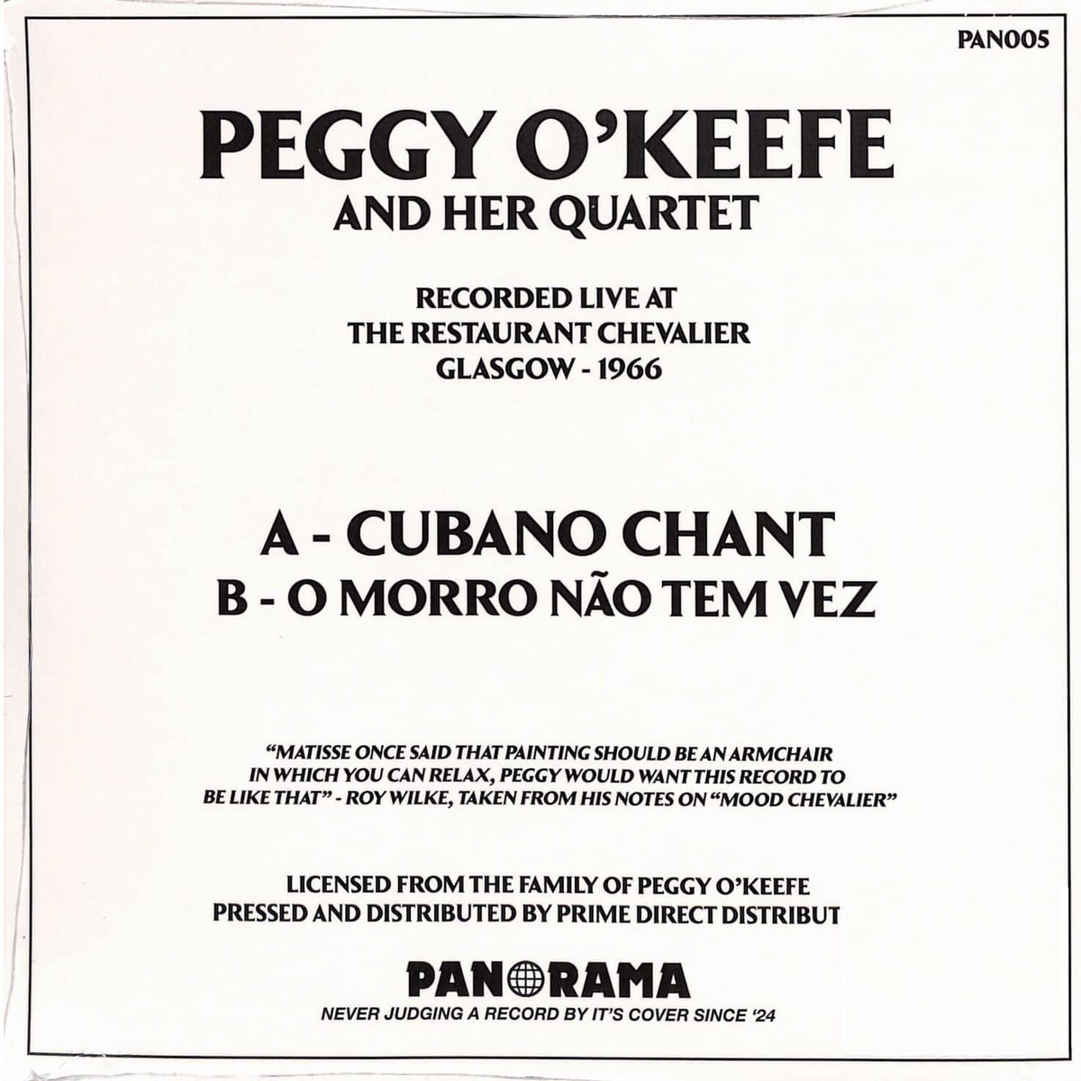 Contraportada del vinilo Peggy O'Keefe – Cubano Chant en Panorama, 7", 45 RPM, reedición remasterizada, con créditos y listado de pistas.