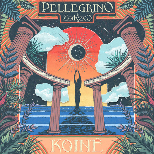 Portada del LP Pellegrino & Zodyaco – Koinè de Early Sounds Recordings, con arte psicodélico de columnas y eclipse sobre el mar, edición en vinilo de alto detalle.