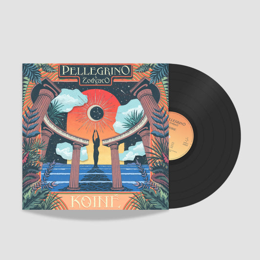 Vinilo del álbum Pellegrino & Zodyaco – Koinè de Early Sounds Recordings, mostrando la funda ilustrada y el disco negro parcialmente extraído del LP.