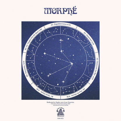 Contraportada del vinilo Pellegrino & Zodyaco – Morphé con diseño estelar, constelaciones y listado de pistas bajo el sello Early Sounds Recordings.