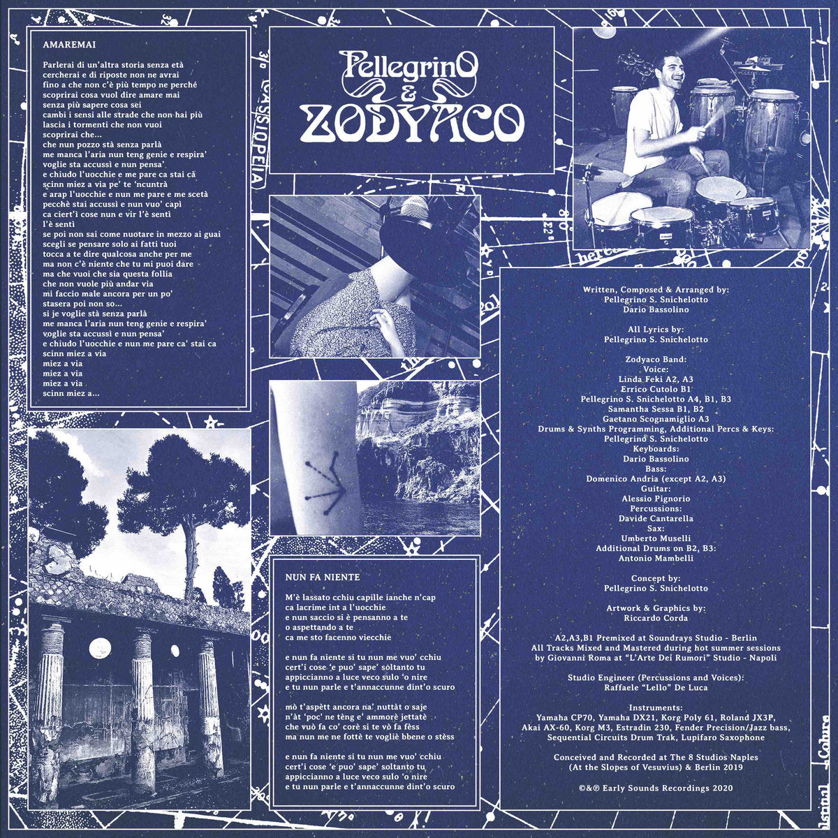 Inserto interior del vinilo Pellegrino & Zodyaco – Morphé con letras de canciones, créditos de grabación y fotos de la banda en estudio y en directo.