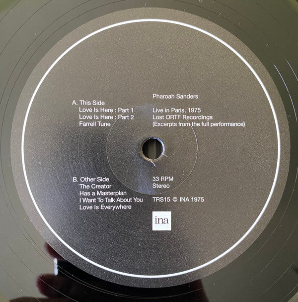 Lado A del vinilo Pharoah Sanders – Live In Paris (1975) (Lost ORTF Recordings), etiqueta con temas y catálogo TRS15.