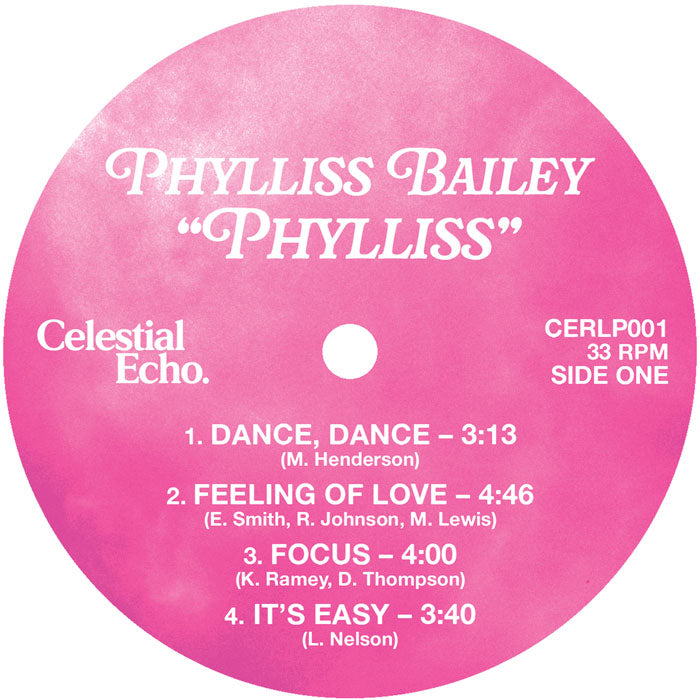 Etiqueta central lado A del vinilo Phylliss Bailey – Phylliss con fondo rosa, catálogo CERLP001 y pistas con duración.