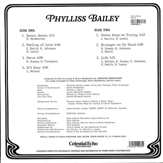 Contraportada del vinilo Phylliss Bailey – Phylliss mostrando listado de pistas, créditos y sello Celestial Echo en reedición LP.
