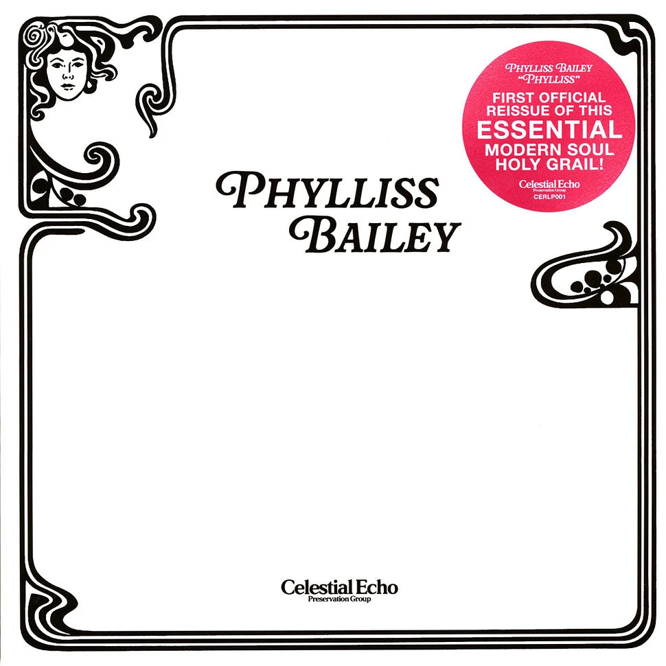 Portada minimalista del vinilo Phylliss Bailey – Phylliss en reedición LP Celestial Echo con diseño blanco clásico.