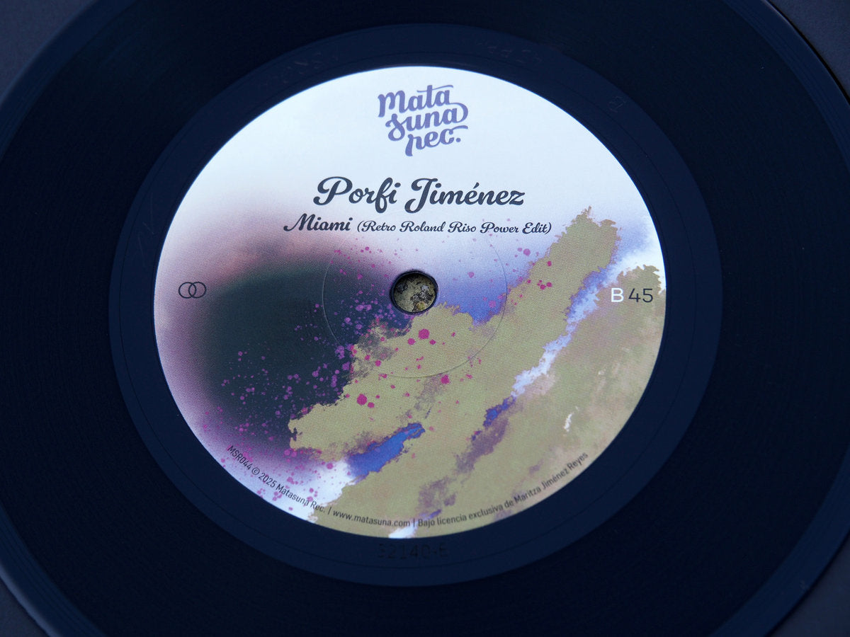 Etiqueta central del lado B del vinilo Porfi Jiménez – Miami, edición Retro Roland Riso Power Edit, con tonos púrpura y beige sobre el sello Matasuna Records.