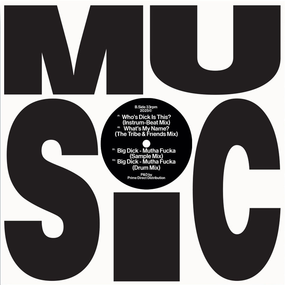 Contraportada del vinilo Princess Di – Who's Dick Is This? / What's My Name / Big Dick - Mutha Fucka en 12", sello Wolf Music Recordings, con diseño tipográfico centrado sobre fondo blanco y créditos de producción.