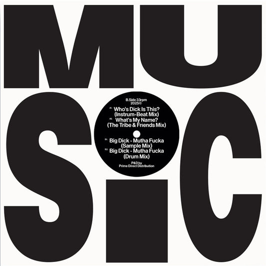 Contraportada del vinilo Princess Di – Who's Dick Is This? / What's My Name / Big Dick - Mutha Fucka en 12", sello Wolf Music Recordings, con diseño tipográfico centrado sobre fondo blanco y créditos de producción.