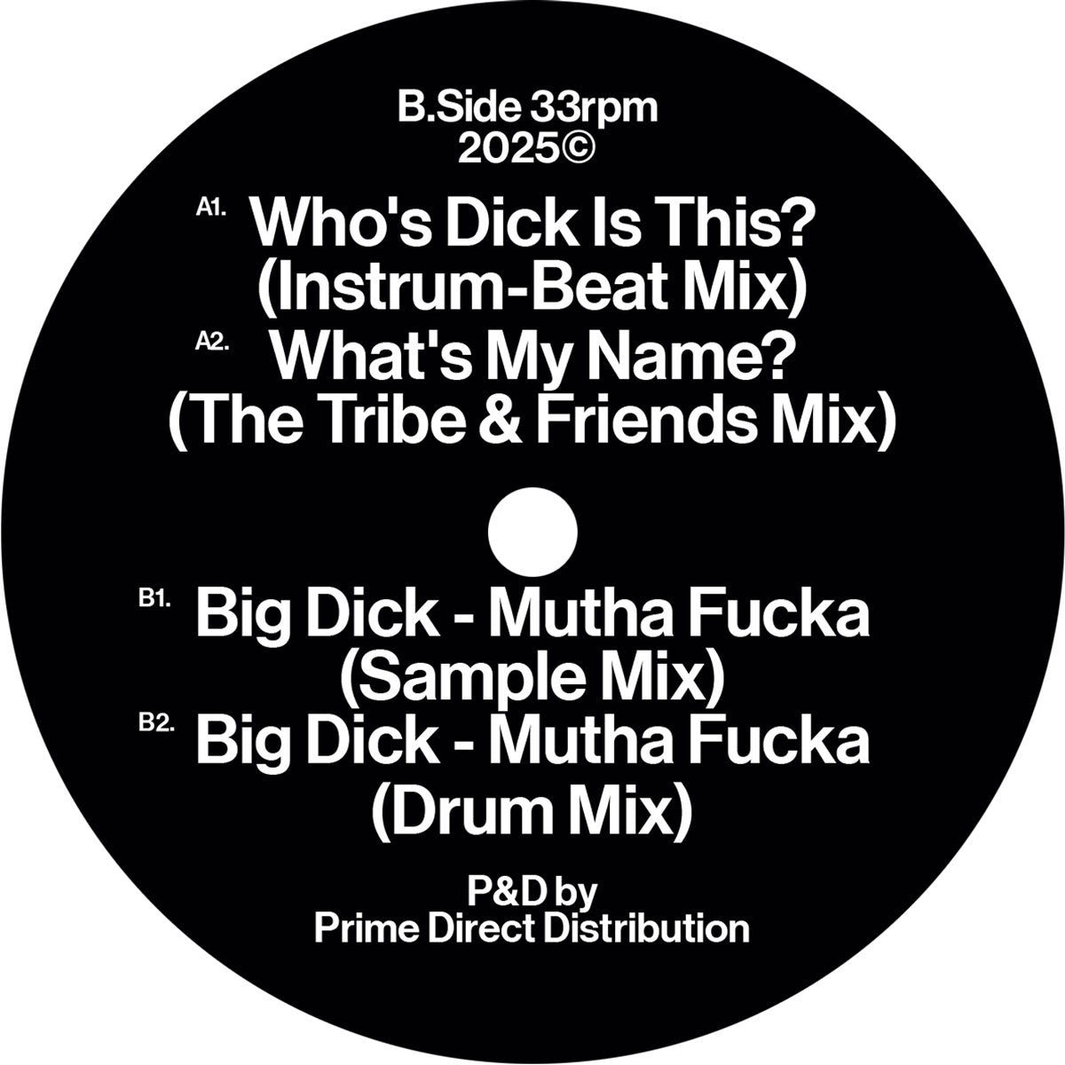 Etiqueta central del lado B del vinilo Princess Di – Who's Dick Is This? / What's My Name / Big Dick - Mutha Fucka, con cuatro versiones diferentes de los temas, incluyendo remixes, en formato 12" compilado y remasterizado, 33rpm.