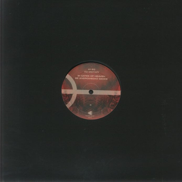 Contraportada del vinilo Psyance – Motion 12" reedición, mostrando la funda negra con etiqueta central y listado de pistas visibles.