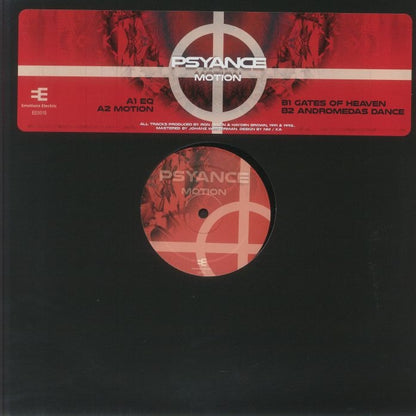 Portada del vinilo Psyance – Motion en formato 12" reedición, con funda negra y diseño rojo del sello Emotions Electric.