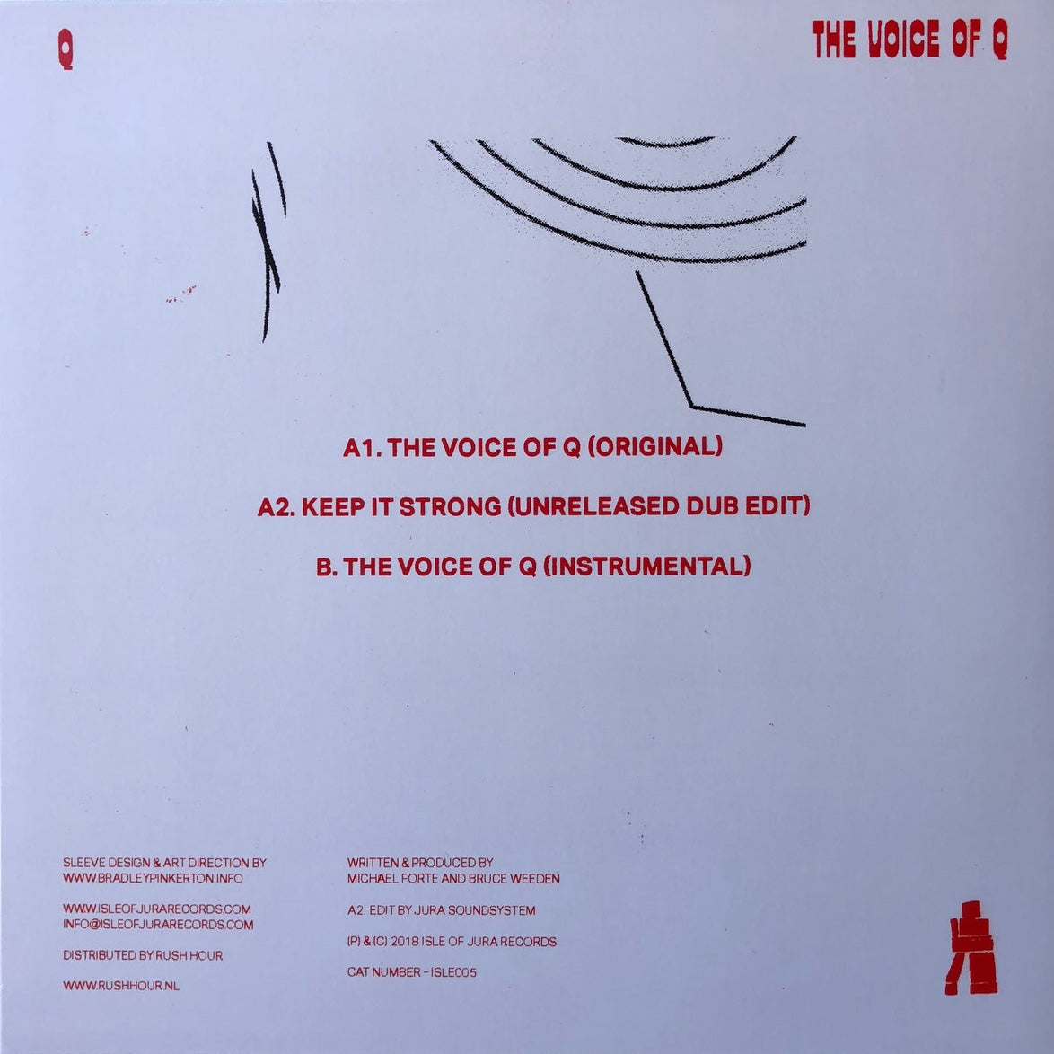 Contraportada del vinilo Q – The Voice Of Q con listado de pistas A1, A2 y B, créditos, catálogo ISLE005 y sello Isle Of Jura.