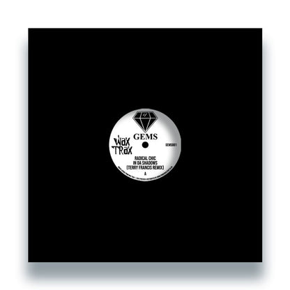 Portada frontal del vinilo de 12" Radical Chic / Space Bunny – In Da Shadows / The Key publicado por Gems. Disco en funda negra con sello blanco centrado.
