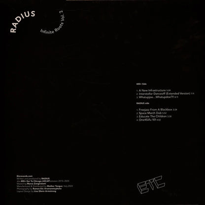 Contraportada del vinilo Radius – Infinite Roots Vol. 2 en formato LP de ETC Records, con listado completo de pistas y créditos visibles para diggers atentos.