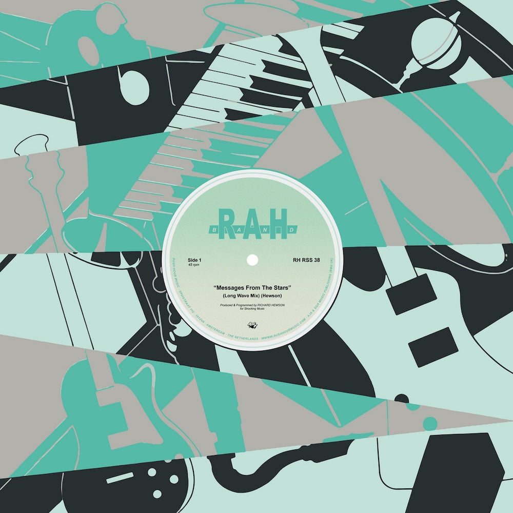 Portada del vinilo "Messages From The Stars" de RAH Band, publicado por Rush Hour en 12". Diseño con gráficos abstractos en tonos verde y gris, destacando el logo de la banda.