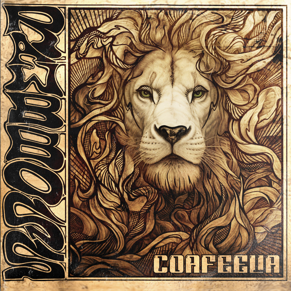 Portada del vinilo Rawb Boss – Coafeelia con un majestuoso león ilustrado entre líneas psicodélicas en tonos sepia, arte visual potente y tribal.
