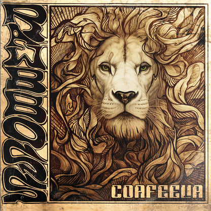 Portada del vinilo Rawb Boss – Coafeelia con un majestuoso león ilustrado entre líneas psicodélicas en tonos sepia, arte visual potente y tribal.