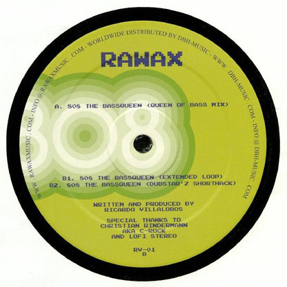 Portada trasera del vinilo Ricardo Villalobos – 808 The Bassqueen, editado por Rawax en 12". Contiene lista de canciones y créditos de producción.