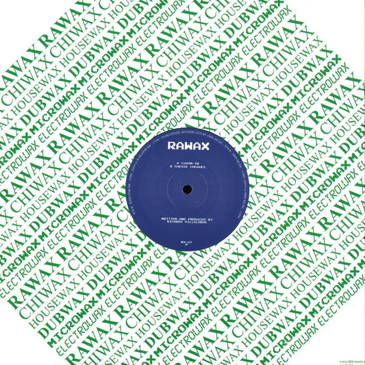 Contraportada del vinilo Ricardo Villalobos – Salvador Part III/III 12", reedición Rawax, funda verde con patrón Rawax y label azul mostrando A Lugom-IX y B Suese Cheques.