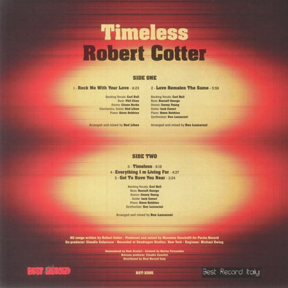 Contraportada de vinilo Robert Cotter – Timeless con tracklist, créditos y diseño degradado rojo, reedición LP sello Best Record Italy