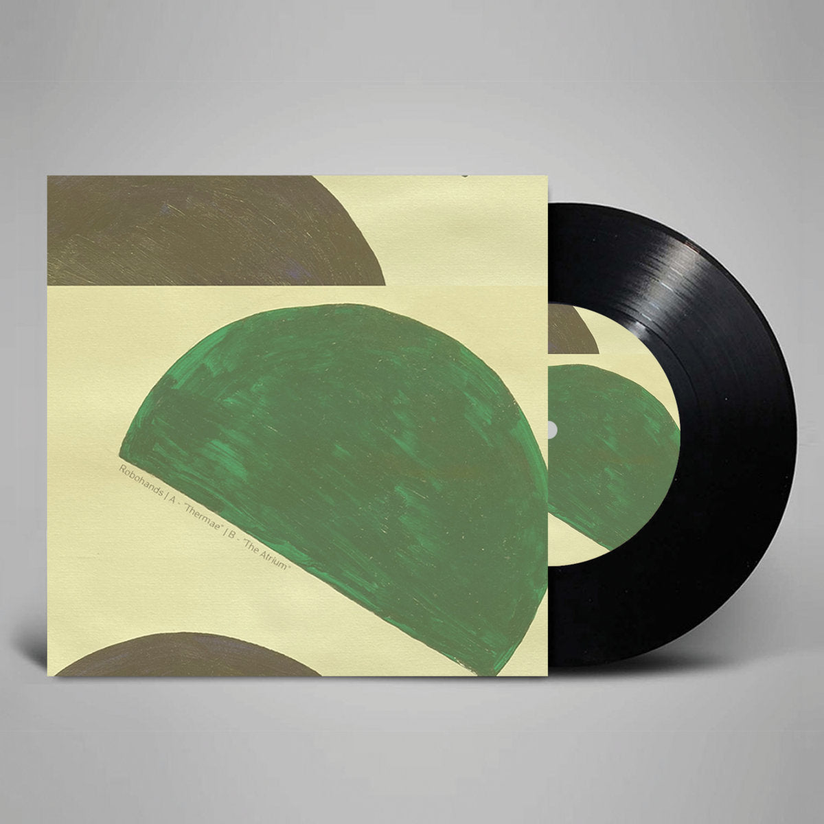 Portada delantera del vinilo Robohands – Thermae / The Atrium publicado por Bastard Jazz Recordings. Texto impreso: "Robohands | A - 'Thermae' | B - 'The Atrium'."