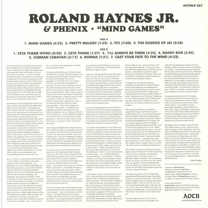 Contraportada del vinilo Roland Haynes Jr. & Phenix – Mind Games LP con listado de pistas y créditos en Athens Of The North.