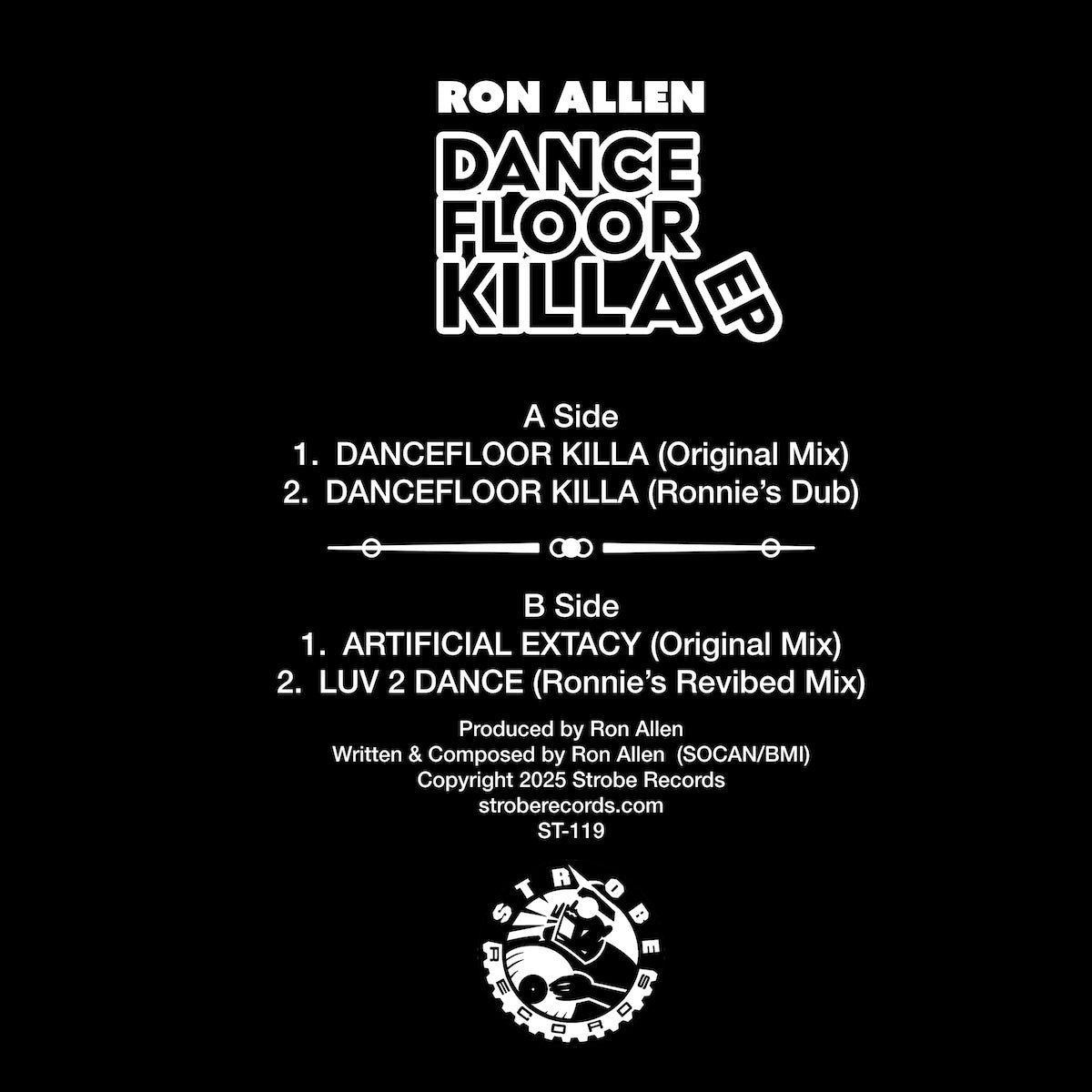 Contraportada del vinilo Ron Allen – Dancefloor Killa EP, 12" EP de Strobe Records, con tracklist completa A/B, créditos de producción, logo del sello y estética minimal negra.