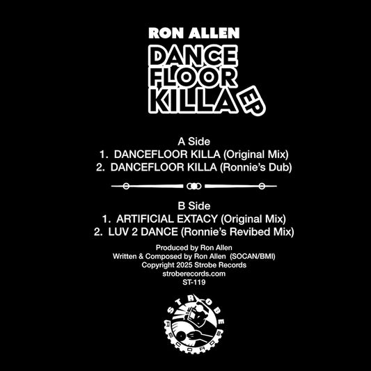 Contraportada del vinilo Ron Allen – Dancefloor Killa EP, 12" EP de Strobe Records, con tracklist completa A/B, créditos de producción, logo del sello y estética minimal negra.
