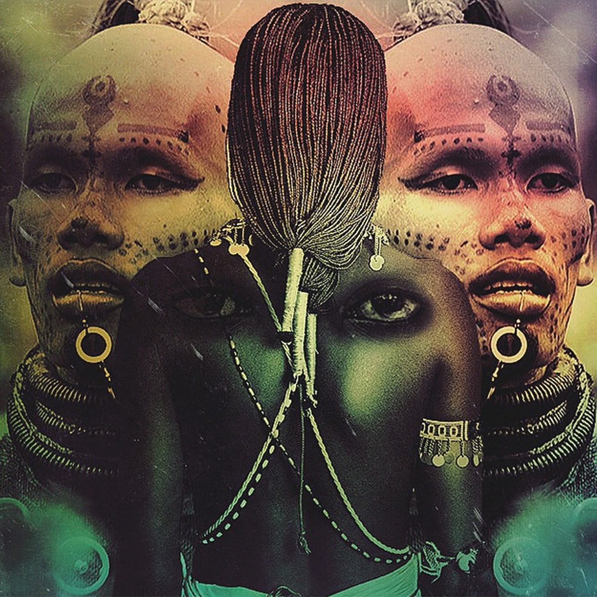 Portada delantera del vinilo 12" con arte tribal y estética psicodélica. Ron Trent – Magic Carnival, Sacred Medicine.