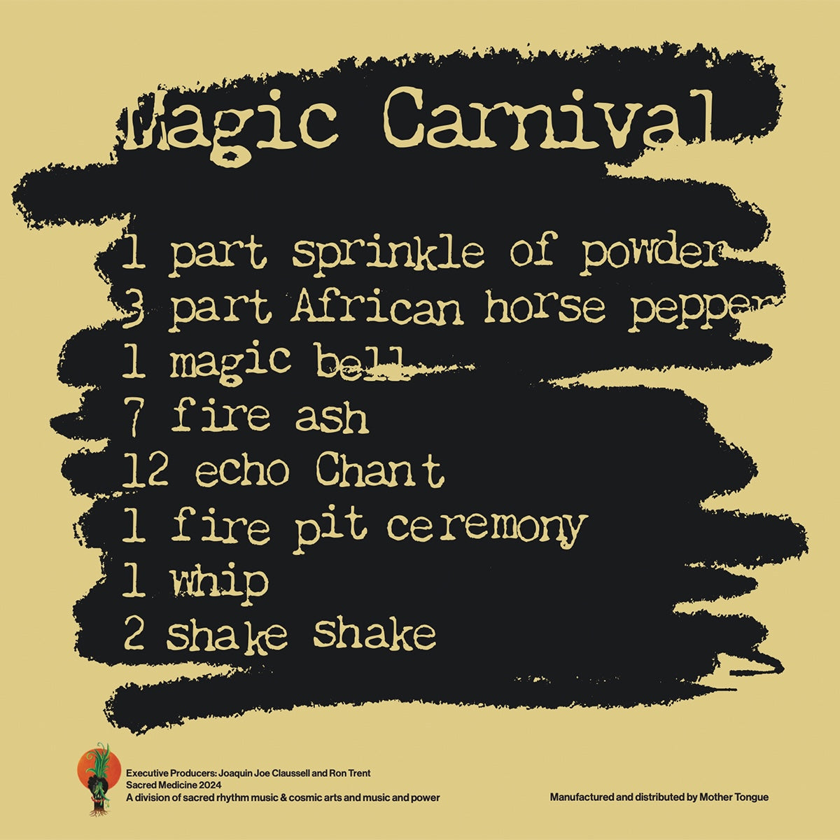 Contraportada del vinilo 12" con créditos, lista de temas y detalles rituales. Ron Trent – Magic Carnival, Sacred Medicine.