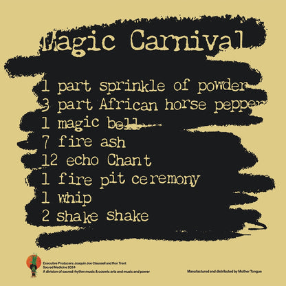 Contraportada del vinilo 12" con créditos, lista de temas y detalles rituales. Ron Trent – Magic Carnival, Sacred Medicine.