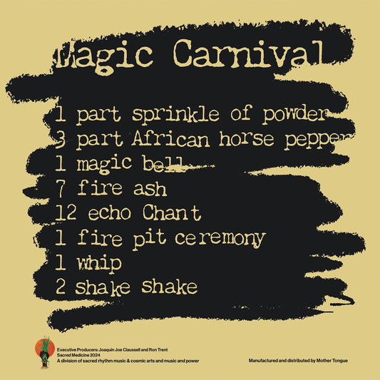 Contraportada del vinilo 12" con créditos, lista de temas y detalles rituales. Ron Trent – Magic Carnival, Sacred Medicine.