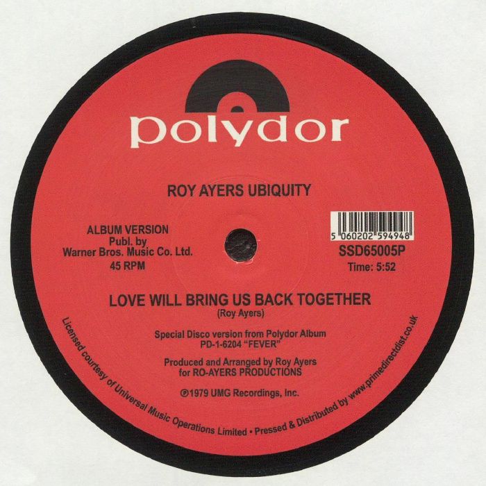 Portada trasera del vinilo “Running Away / Love Will Bring Us Back Together” de Roy Ayers Ubiquity, lanzado bajo el sello South Street Disco en 12".