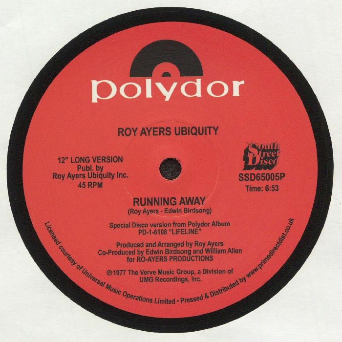 Portada delantera del vinilo “Running Away / Love Will Bring Us Back Together” de Roy Ayers Ubiquity, publicado por South Street Disco en formato 12".