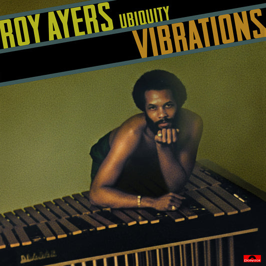 Portada del vinilo Roy Ayers Ubiquity – Vibrations con Roy Ayers recostado sobre un vibráfono.