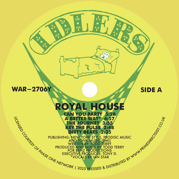 Etiqueta central lado A del vinilo Royal House – Can You Party?, catálogo WAR-2706Y, incluye duración de cinco temas producidos por Todd Terry.