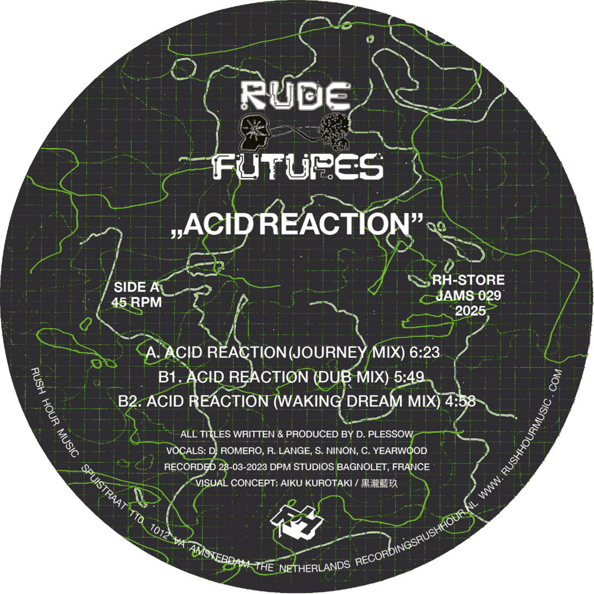 Lado A del vinilo 12" Rude Futures – Acid Reaction en Rush Hour Store Jams, etiqueta negra con rejilla verde, tracks y créditos visibles.