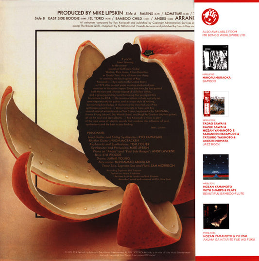 Contraportada del vinilo Ryo Kawasaki – Juice con créditos impresos sobre la fruta electrónica y catálogo Mr Bongo.