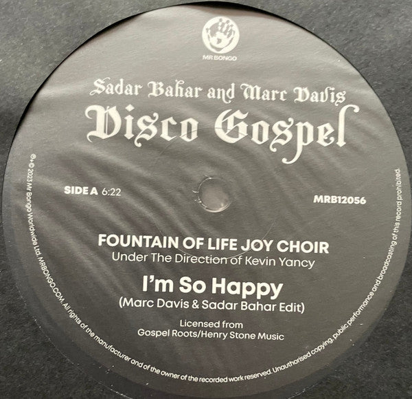 Lado A del vinilo Sadar Bahar And Marc Davis – Disco Gospel, con etiqueta de Mr Bongo y la pista “I’m So Happy”.