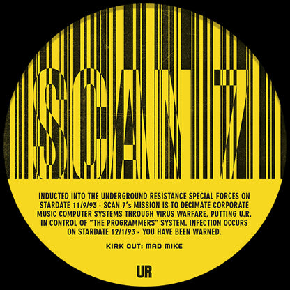 Lado B del vinilo Scan 7 – Black Moon Rising, label UR amarilla con texto manifesto, títulos Introducing Scan 7 y System Work.