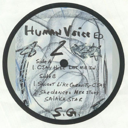 Etiqueta central lado A del vinilo Scott Grooves – The Human Voice EP 2 de Modified Suede Recordings, con lista de pistas, créditos y arte dibujado a mano.