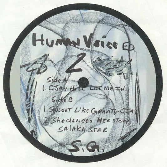 Etiqueta central lado A del vinilo Scott Grooves – The Human Voice EP 2 de Modified Suede Recordings, con lista de pistas, créditos y arte dibujado a mano.