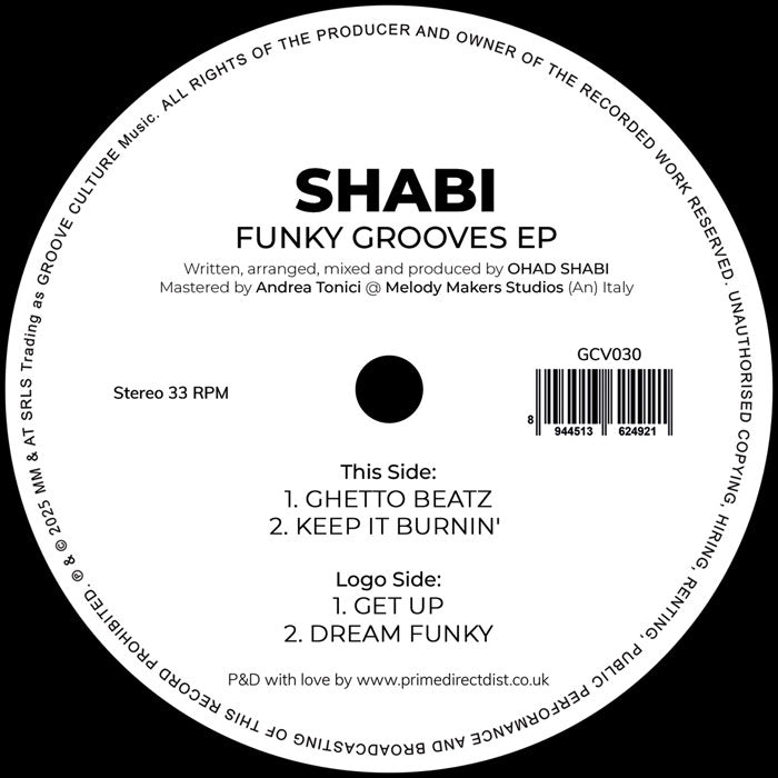Etiqueta central del vinilo Shabi – Funky Grooves EP en 12" con las pistas “Ghetto Beatz” y “Keep It Burnin’”, créditos completos y catálogo GCV030 de Groove Culture Music.