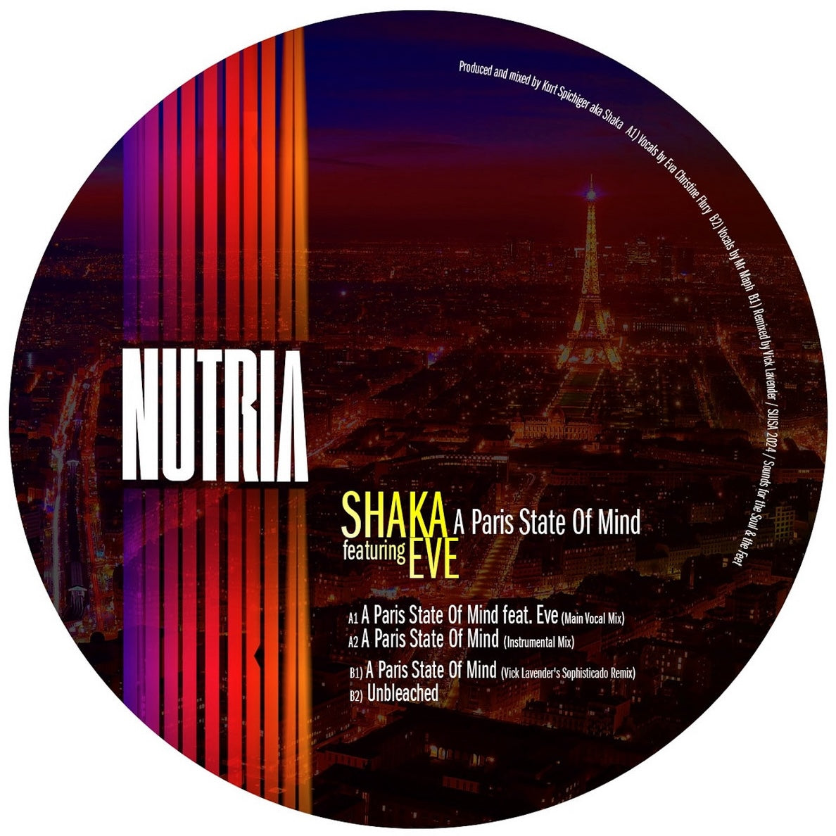 Etiqueta central del vinilo Shaka Feat. Eve – A Paris State Of Mind en 12" de Nutria Sounds, con créditos, pistas y arte nocturno de París.