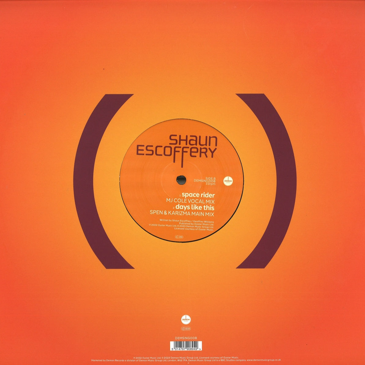 Vinilo Shaun Escoffery – Days Like This 12" Reedición en Demon Records, contraportada con etiqueta central lado B destacando Space Rider vocal mix y Spen & Karizma main mix.
