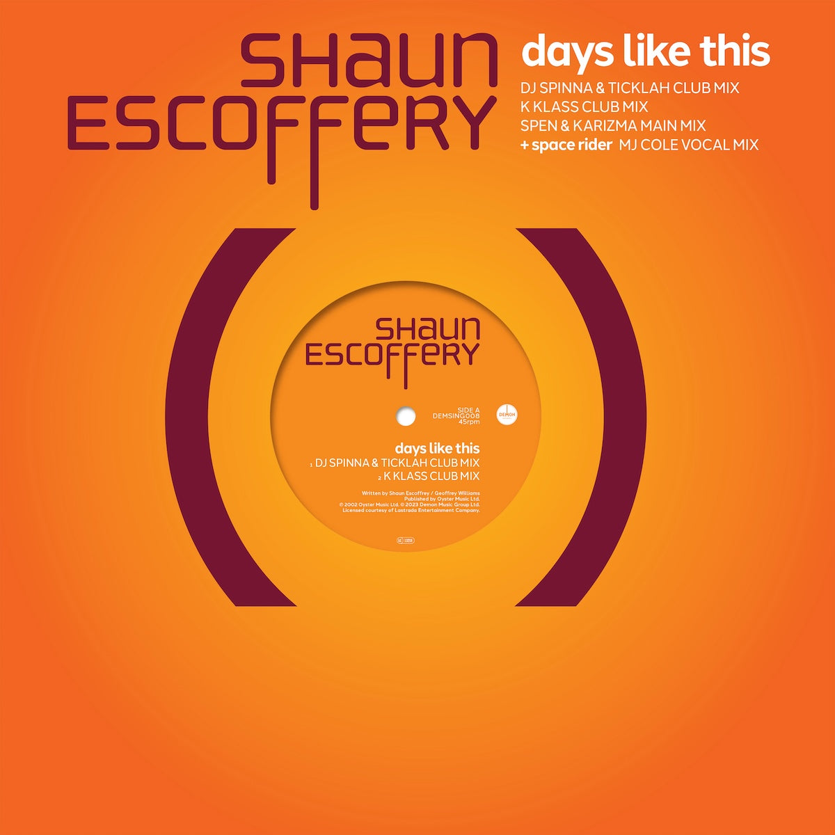 Vinilo Shaun Escoffery – Days Like This 12" Reedición en Demon Records, portada frontal con etiqueta central lado A mostrando mixes de DJ Spinna & Ticklah y K Klass.
