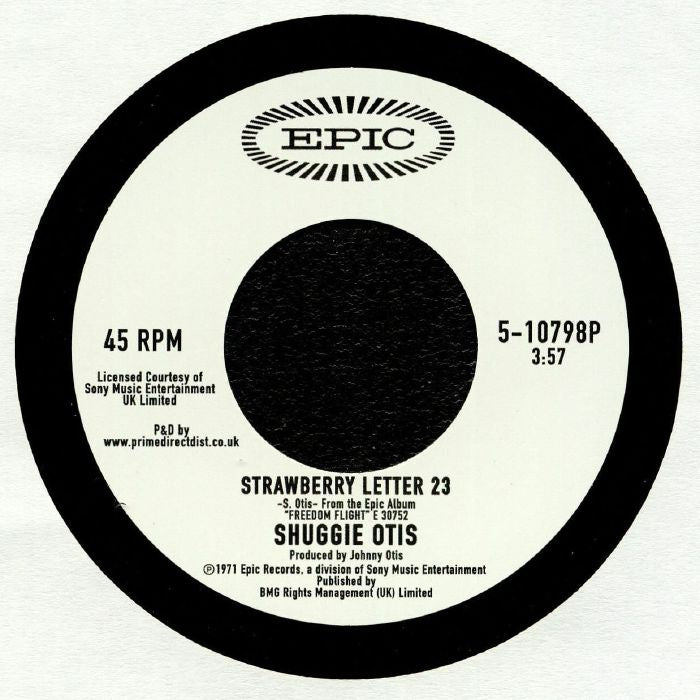 Etiqueta central lado A en vinilo 7", 45 RPM de Shuggie Otis – Strawberry Letter 23 / Ice Cold Daydream, reedición Record Store Day por Epic, con pista “Strawberry Letter 23”, duración 3:57, créditos y catálogo 5-10798P.