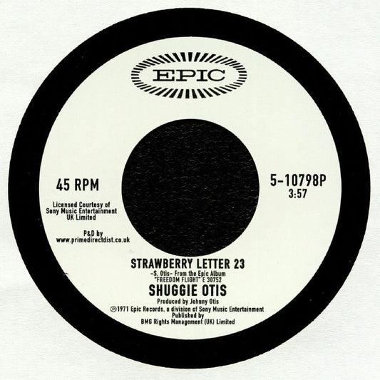 Etiqueta central lado A en vinilo 7", 45 RPM de Shuggie Otis – Strawberry Letter 23 / Ice Cold Daydream, reedición Record Store Day por Epic, con pista “Strawberry Letter 23”, duración 3:57, créditos y catálogo 5-10798P.