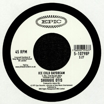 Etiqueta central lado B en vinilo 7", 45 RPM de Shuggie Otis – Strawberry Letter 23 / Ice Cold Daydream, reedición Record Store Day por Epic, con pista “Ice Cold Daydream”, duración 2:27, créditos y catálogo 5-10798P.